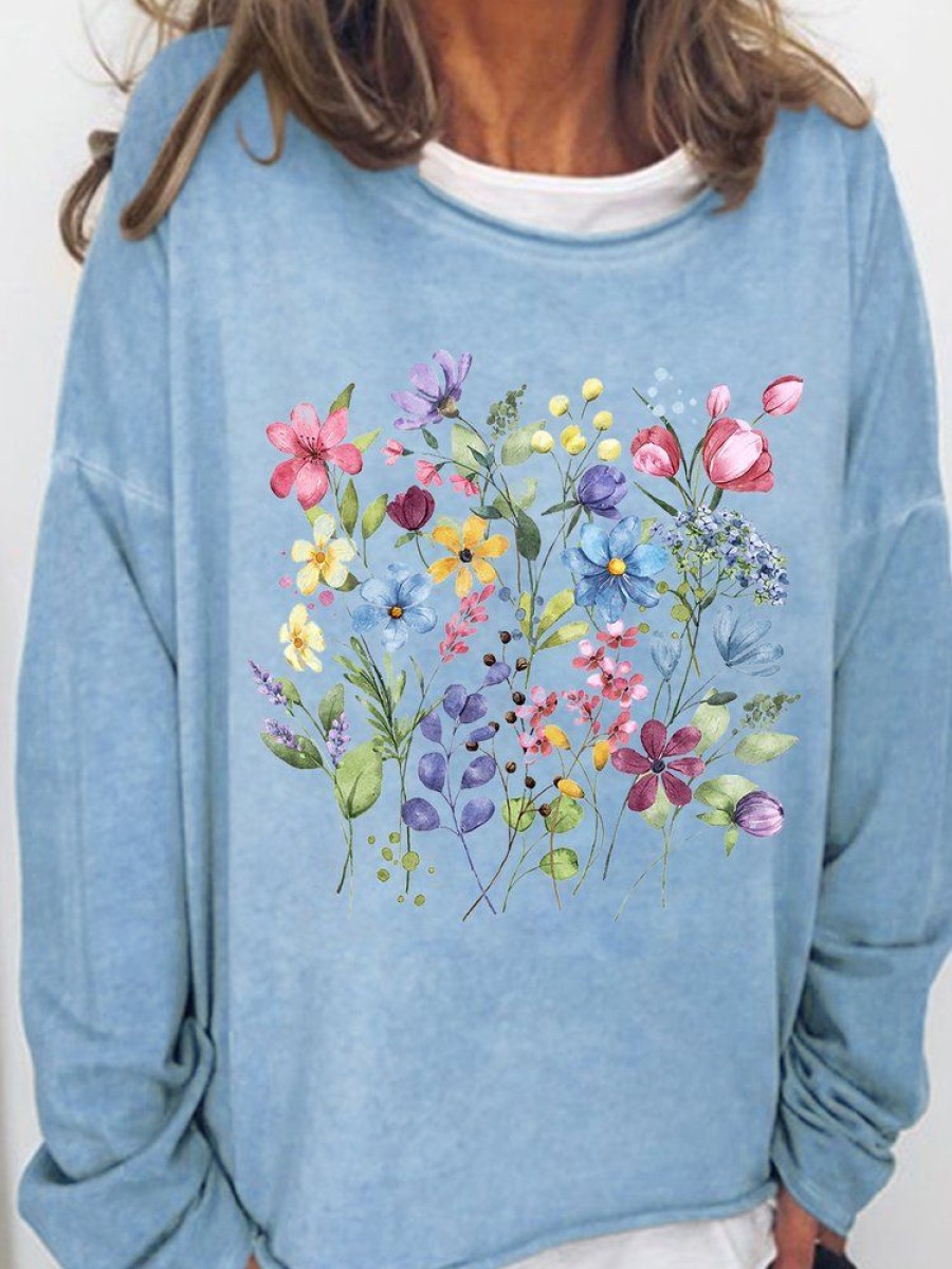 Topshot zolucky | Women'S Flower Print Crew Neck Casual Sweatshirt