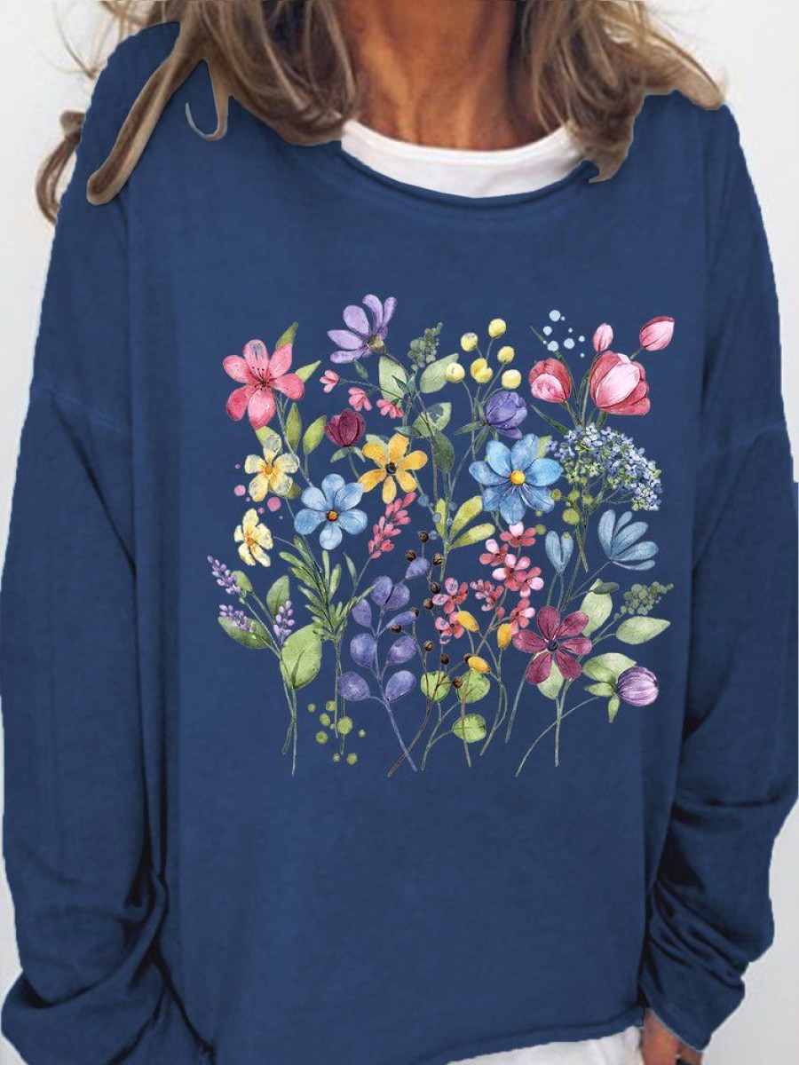 Topshot zolucky | Women'S Flower Print Crew Neck Casual Sweatshirt