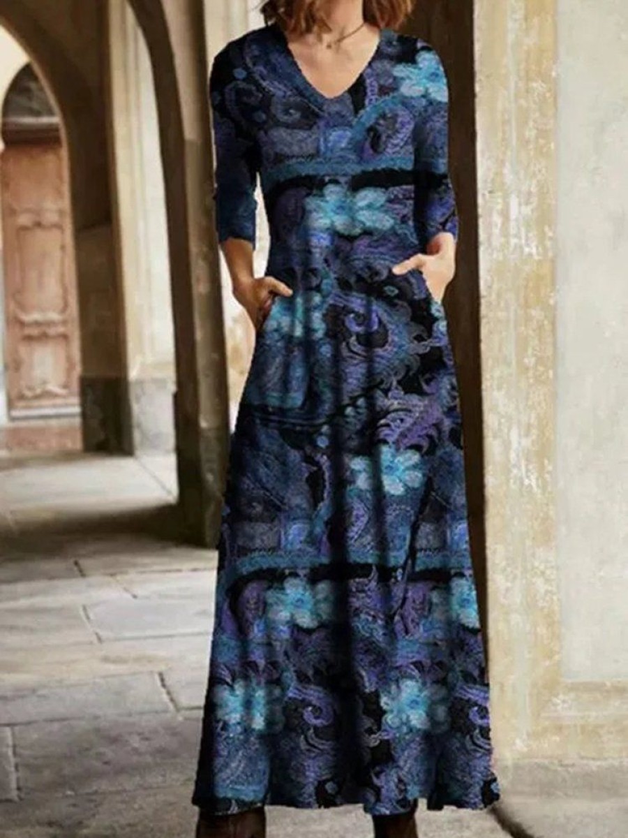 Dresses zolucky | Casual Floral Long Sleeve Weaving Dress