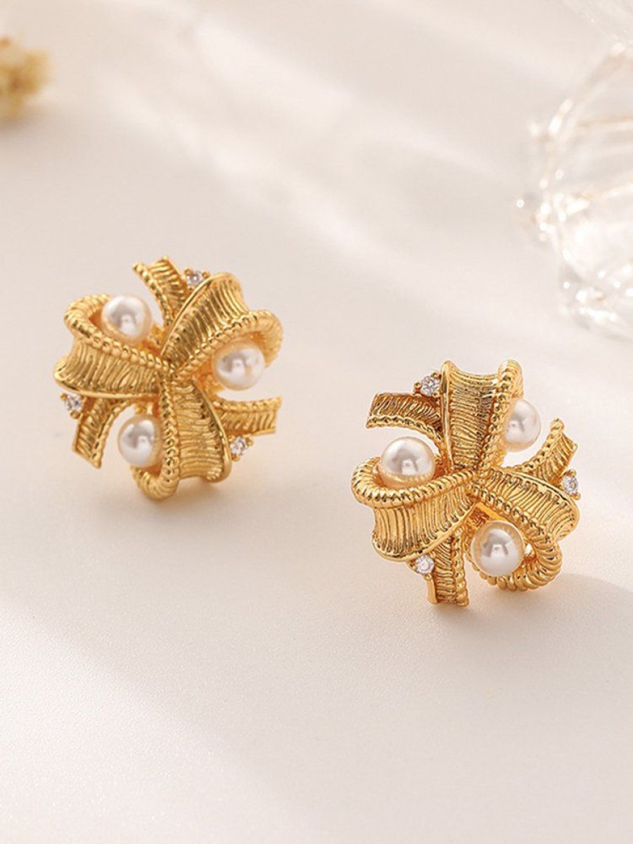 Accessories zolucky | Elegant Imitation Pearl Rhinestone Textured Stud Earrings As Picture