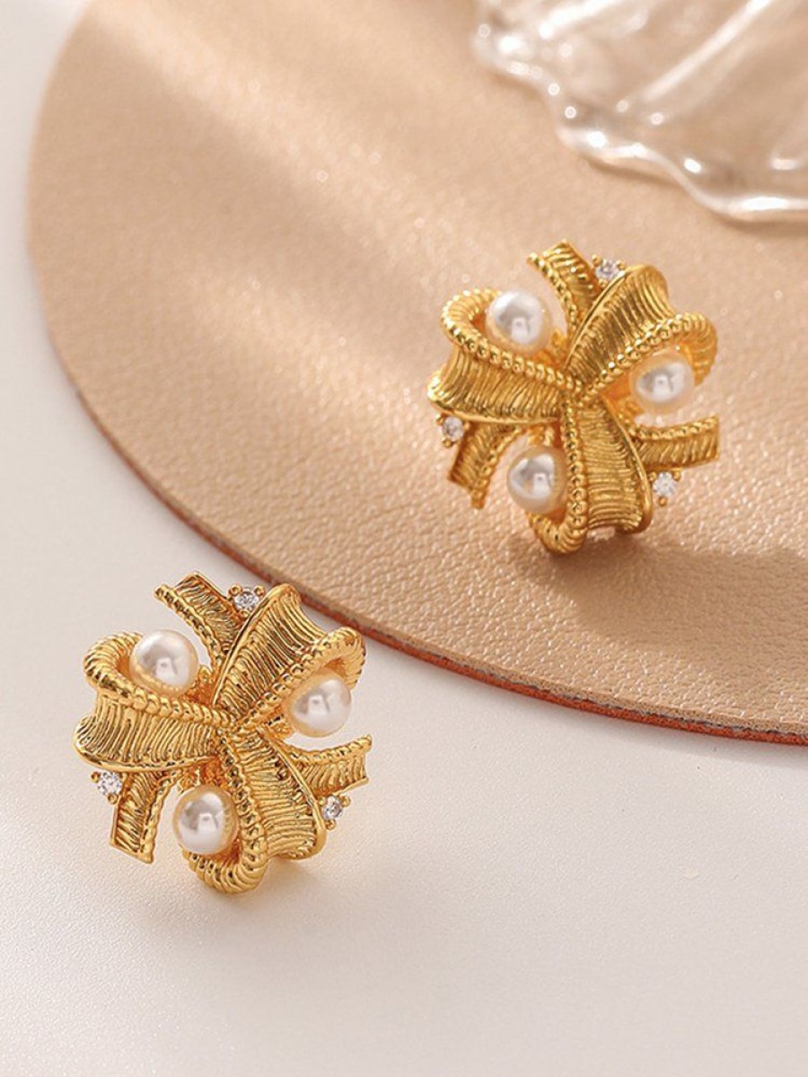 Accessories zolucky | Elegant Imitation Pearl Rhinestone Textured Stud Earrings As Picture