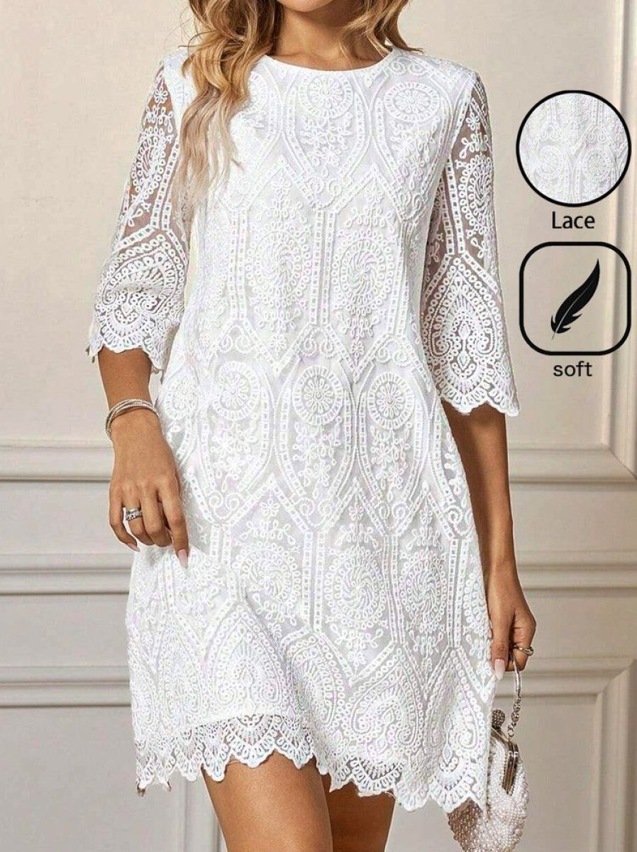 Dresses zolucky | Casual Plain Loose Lace Dress White