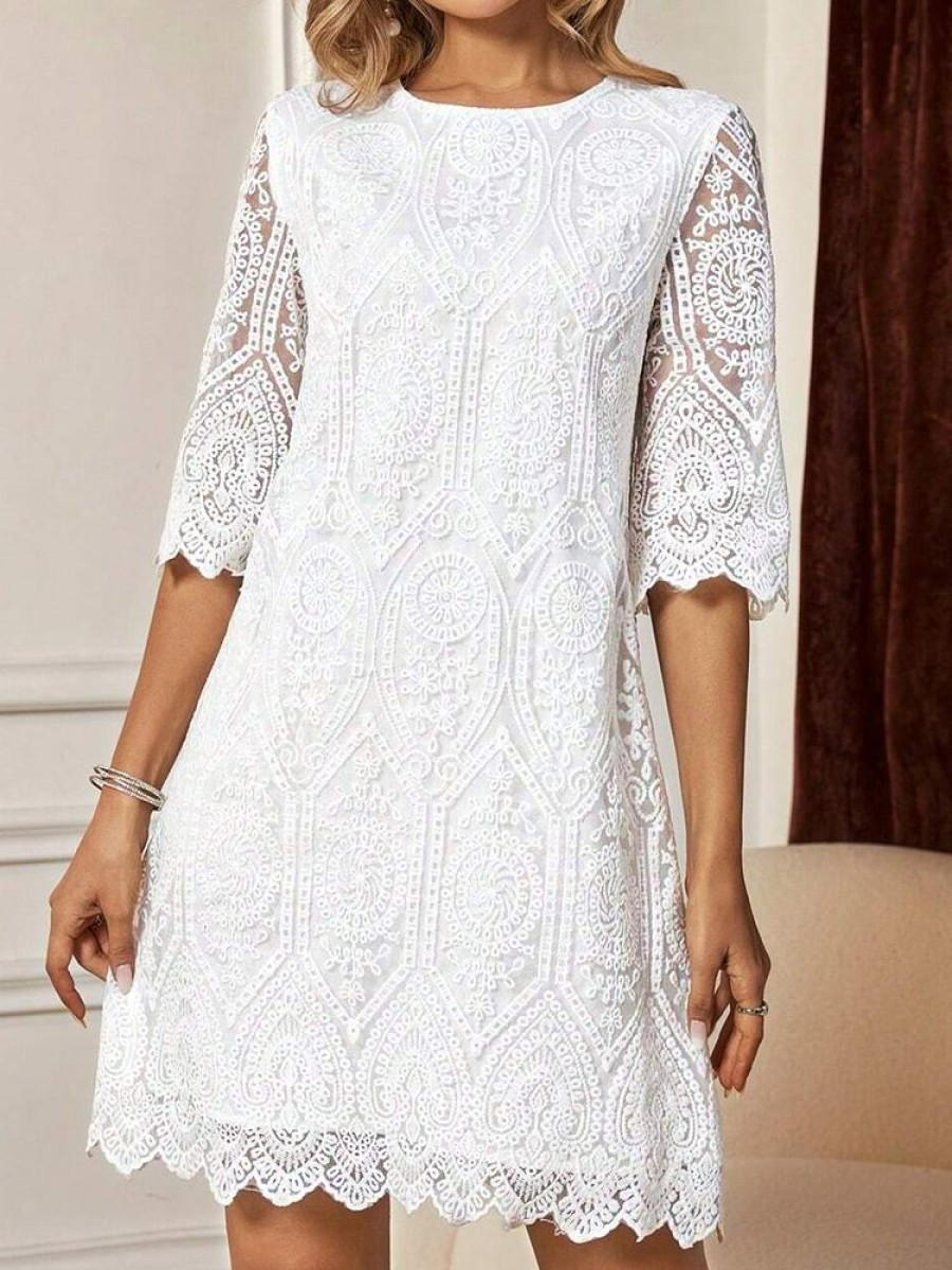 Dresses zolucky | Casual Plain Loose Lace Dress White