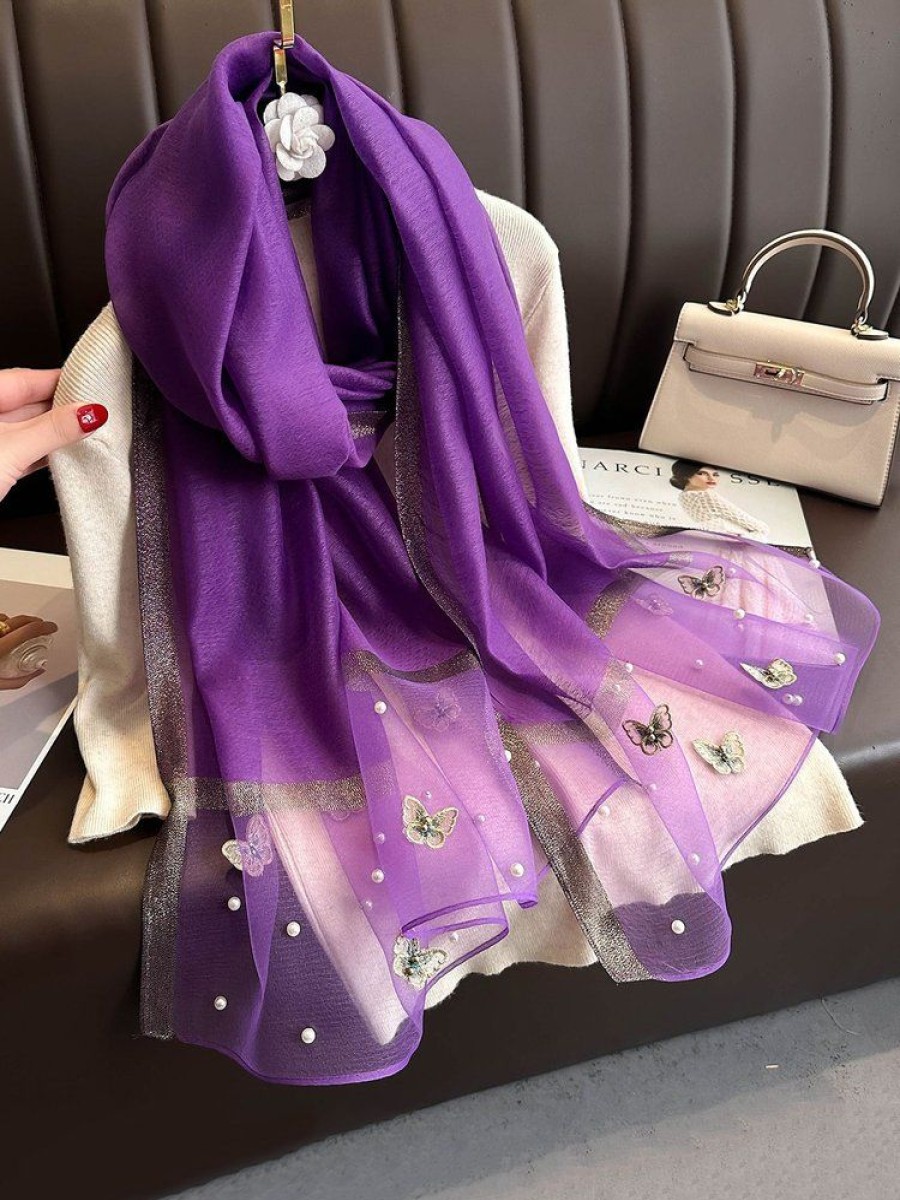 Accessories zolucky | Elegant Butterfly Embroidery Beaded Lightweight Imitation Silk Scarf