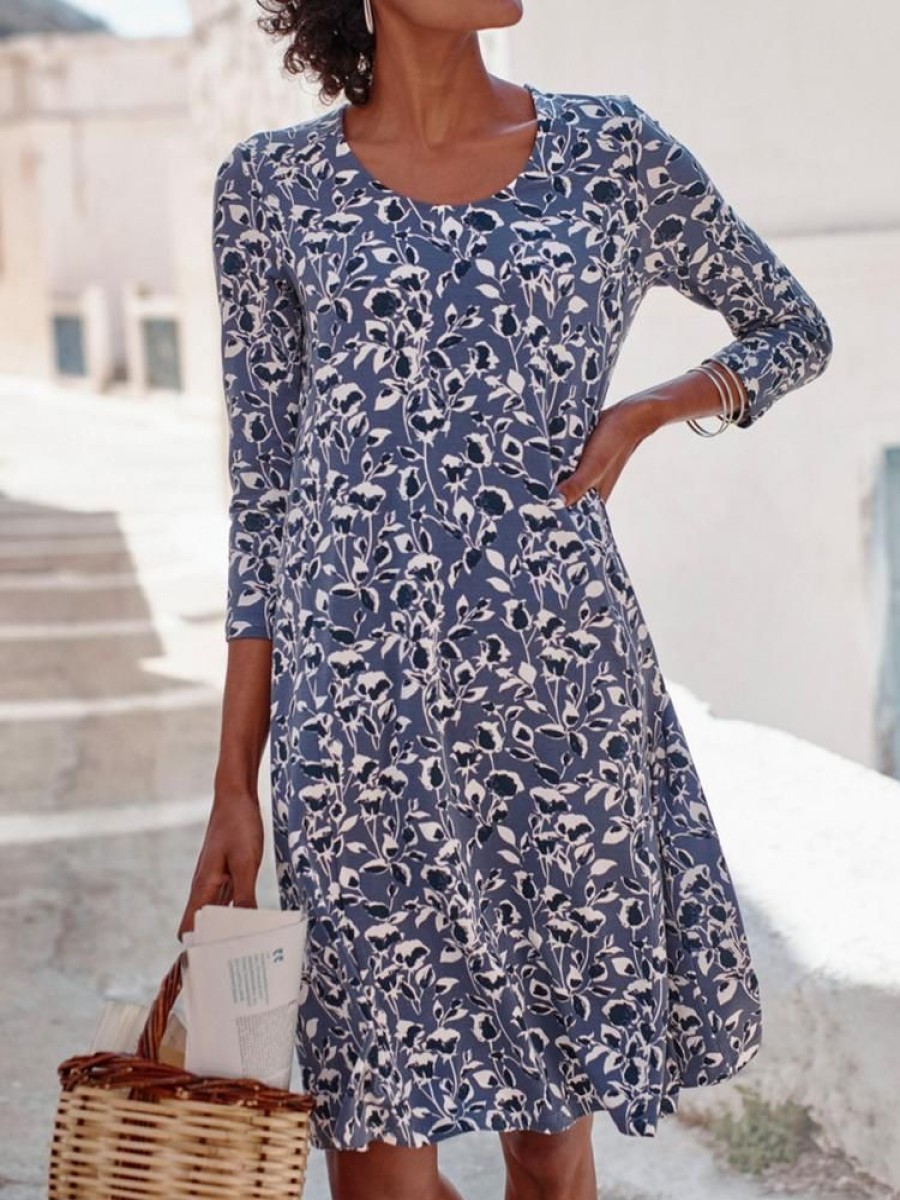 Dresses zolucky | Casual Crew Neck Floral Dress Blue