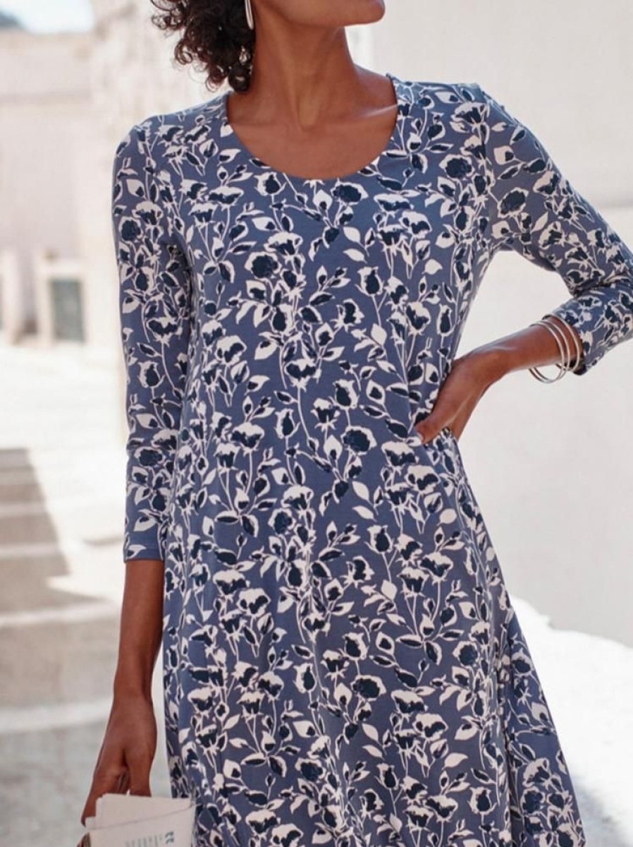 Dresses zolucky | Casual Crew Neck Floral Dress Blue