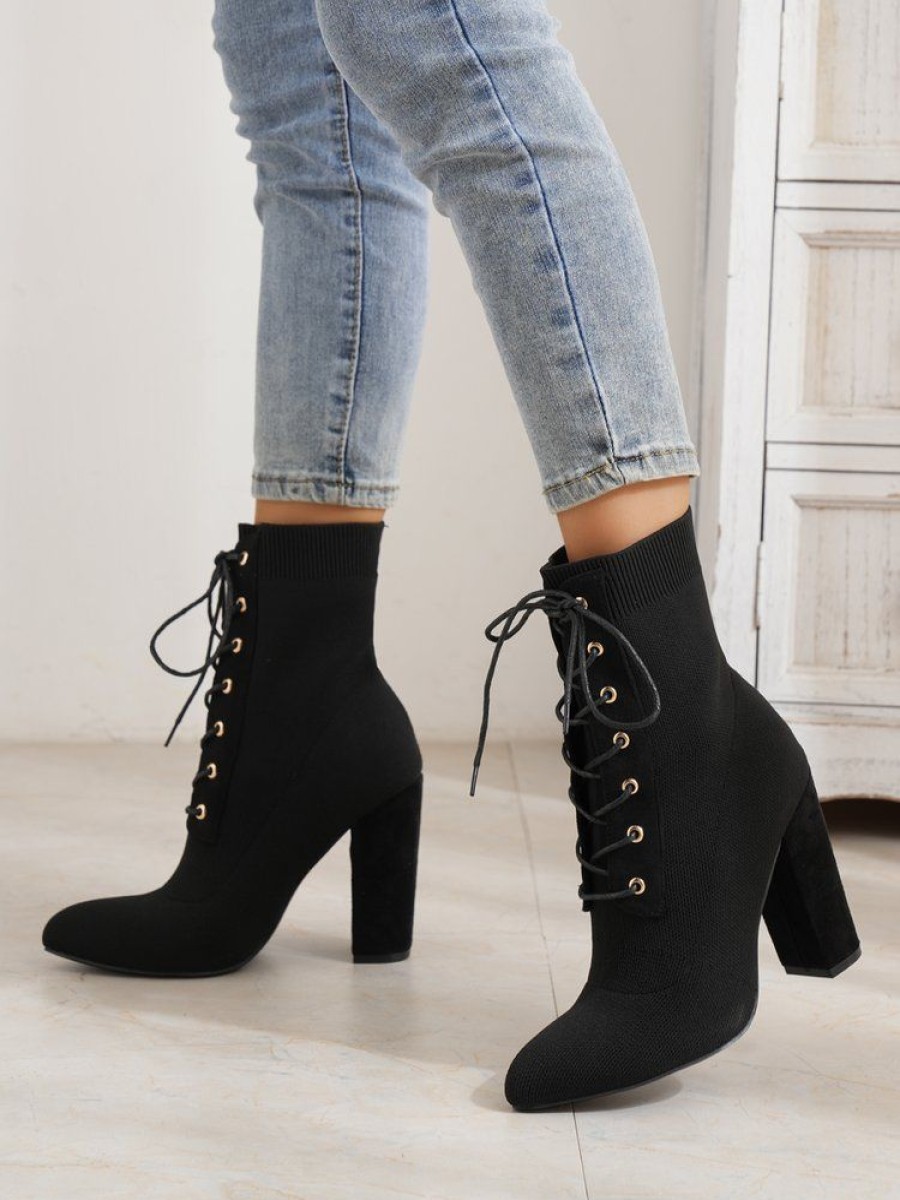 Shoes zolucky | Women Minimalist Lace-Up Chunky Heel Classic Boots Black