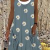 Dresses zolucky | Women Floral Round Neck Sleeveless Vintage Dresses(Contains Lining) Blue