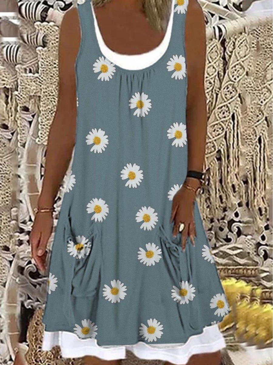 Dresses zolucky | Women Floral Round Neck Sleeveless Vintage Dresses(Contains Lining) Blue