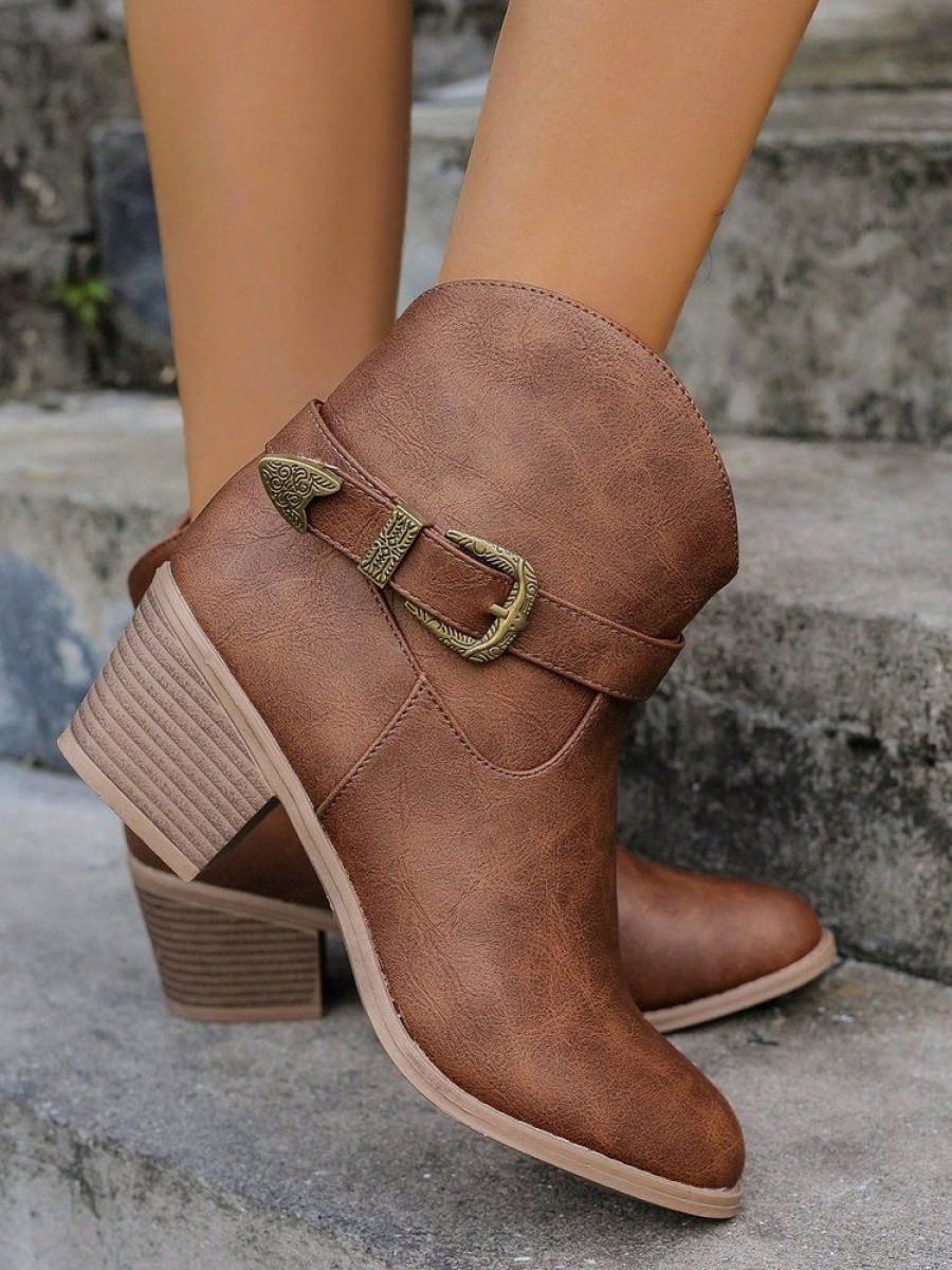 Shoes zolucky | Vintage Buckle Block Heel Zip Western Boots