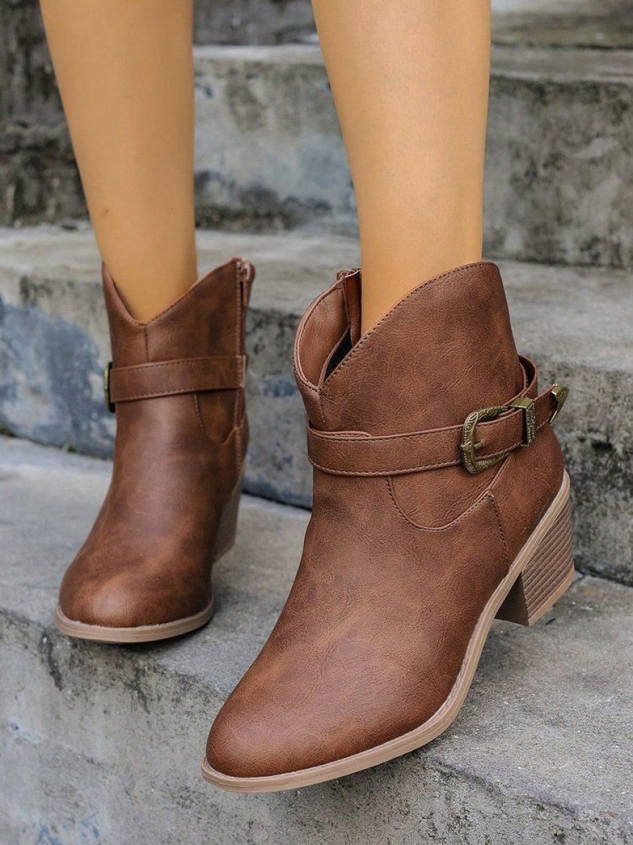 Shoes zolucky | Vintage Buckle Block Heel Zip Western Boots