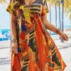 Dresses zolucky | Plus Size V Neck Abstract Casual Loose Dress Orange