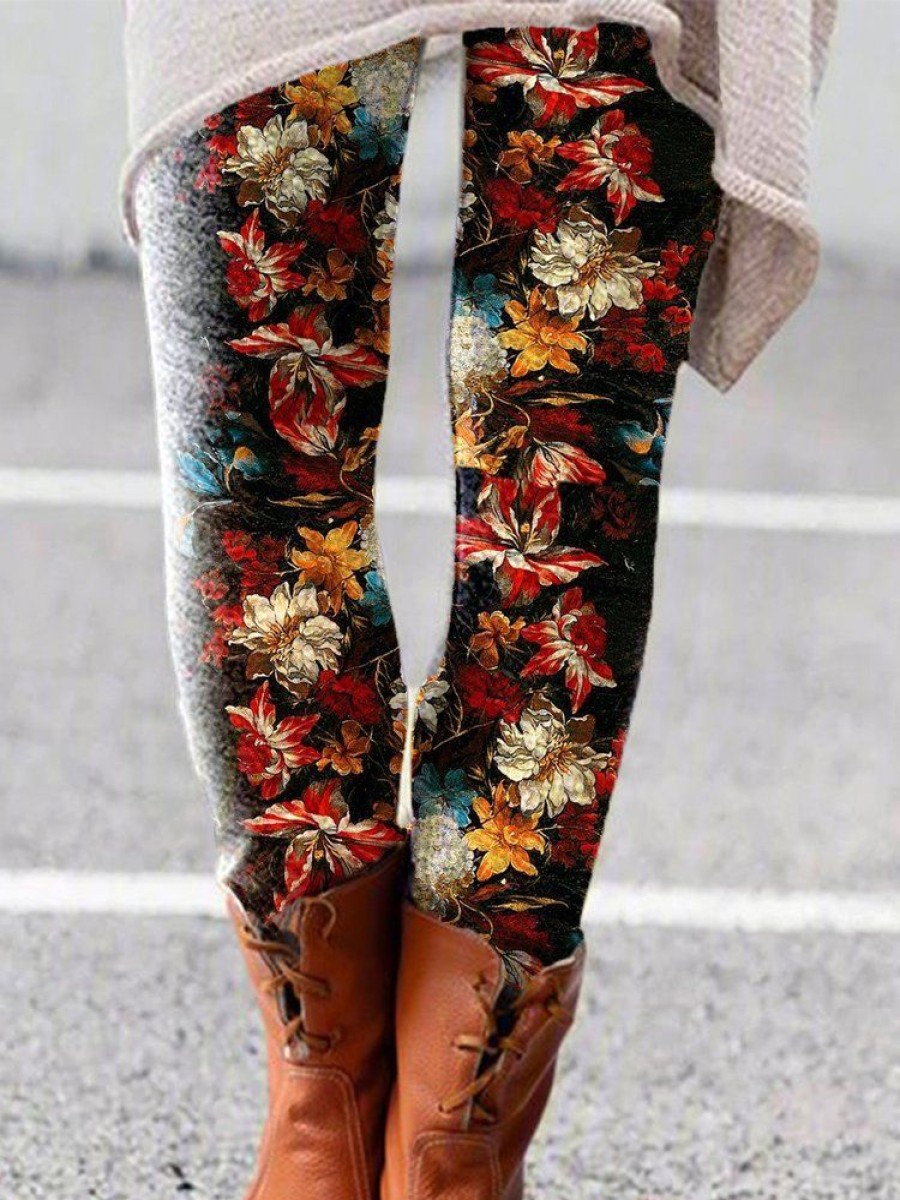 Bottoms zolucky | Casual Printed Floral Leggings Deep Gray