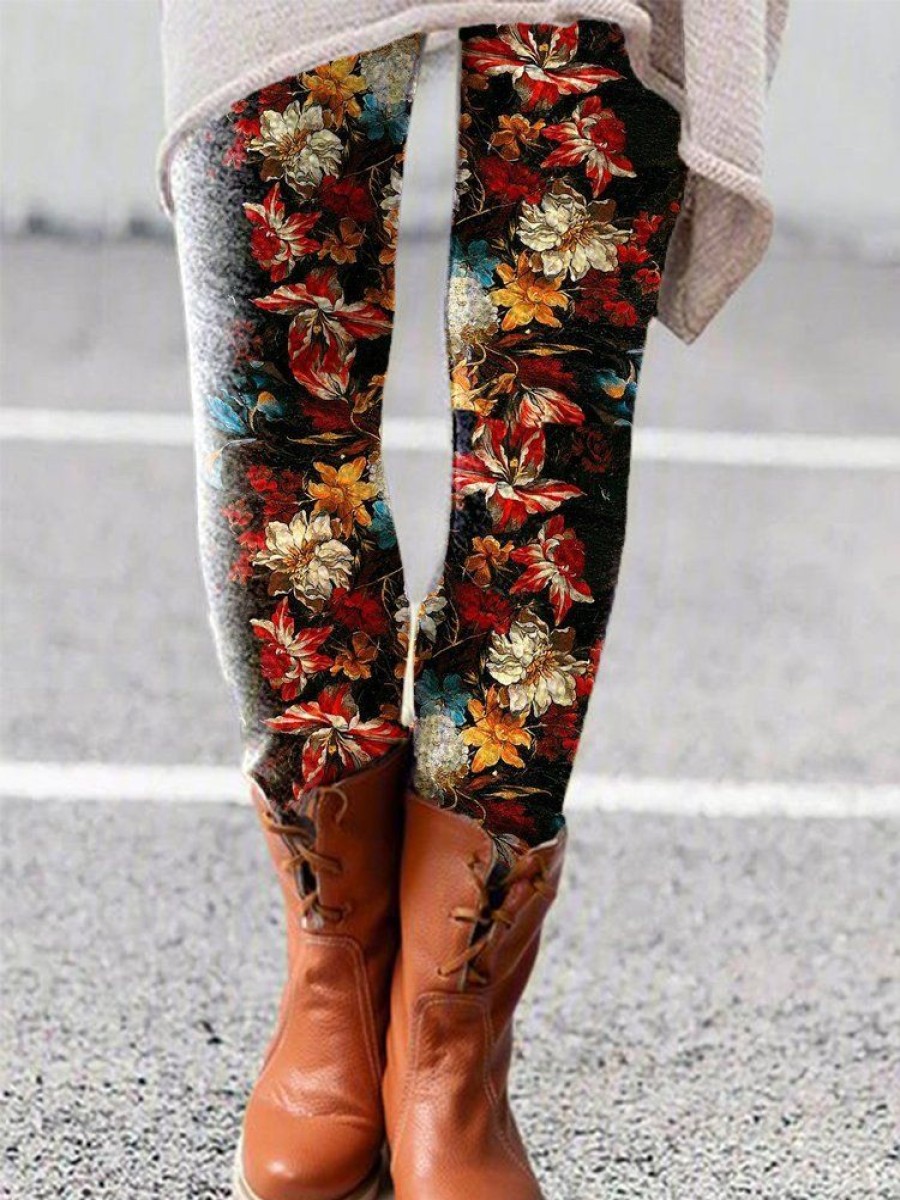 Bottoms zolucky | Casual Printed Floral Leggings Deep Gray