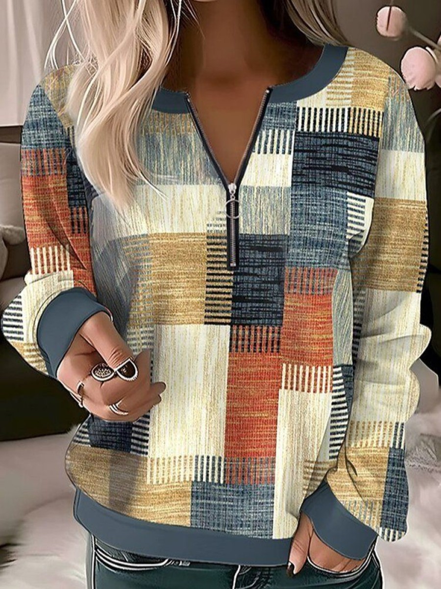 Plus&Curve zolucky | Plus Size Abstract Plaid Casual Loose Zipper Sweatshirt Multicolor