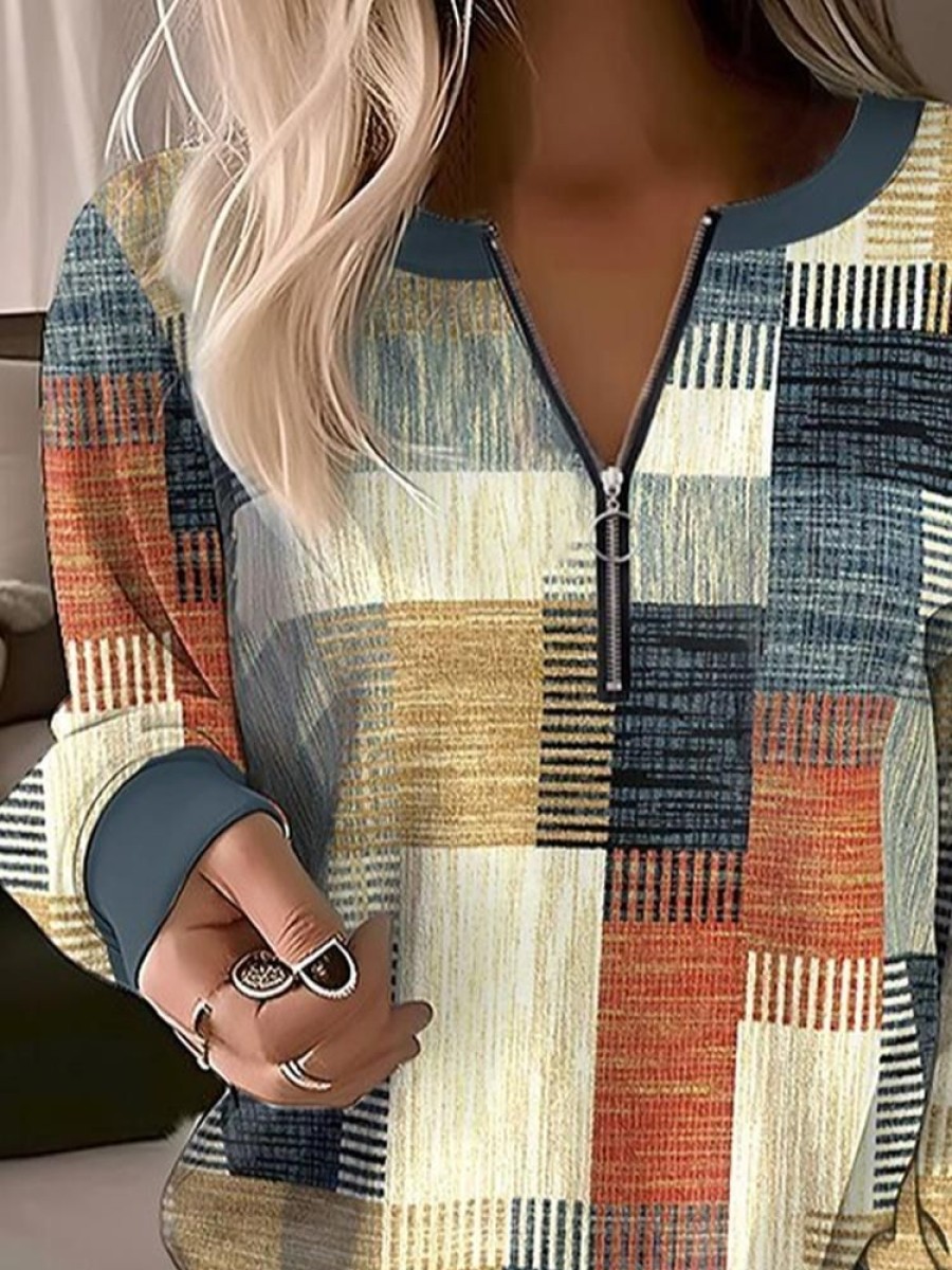 Plus&Curve zolucky | Plus Size Abstract Plaid Casual Loose Zipper Sweatshirt Multicolor