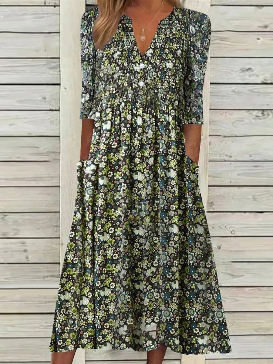 Dresses zolucky | Casual Floral V Neck Short Sleeve Dress