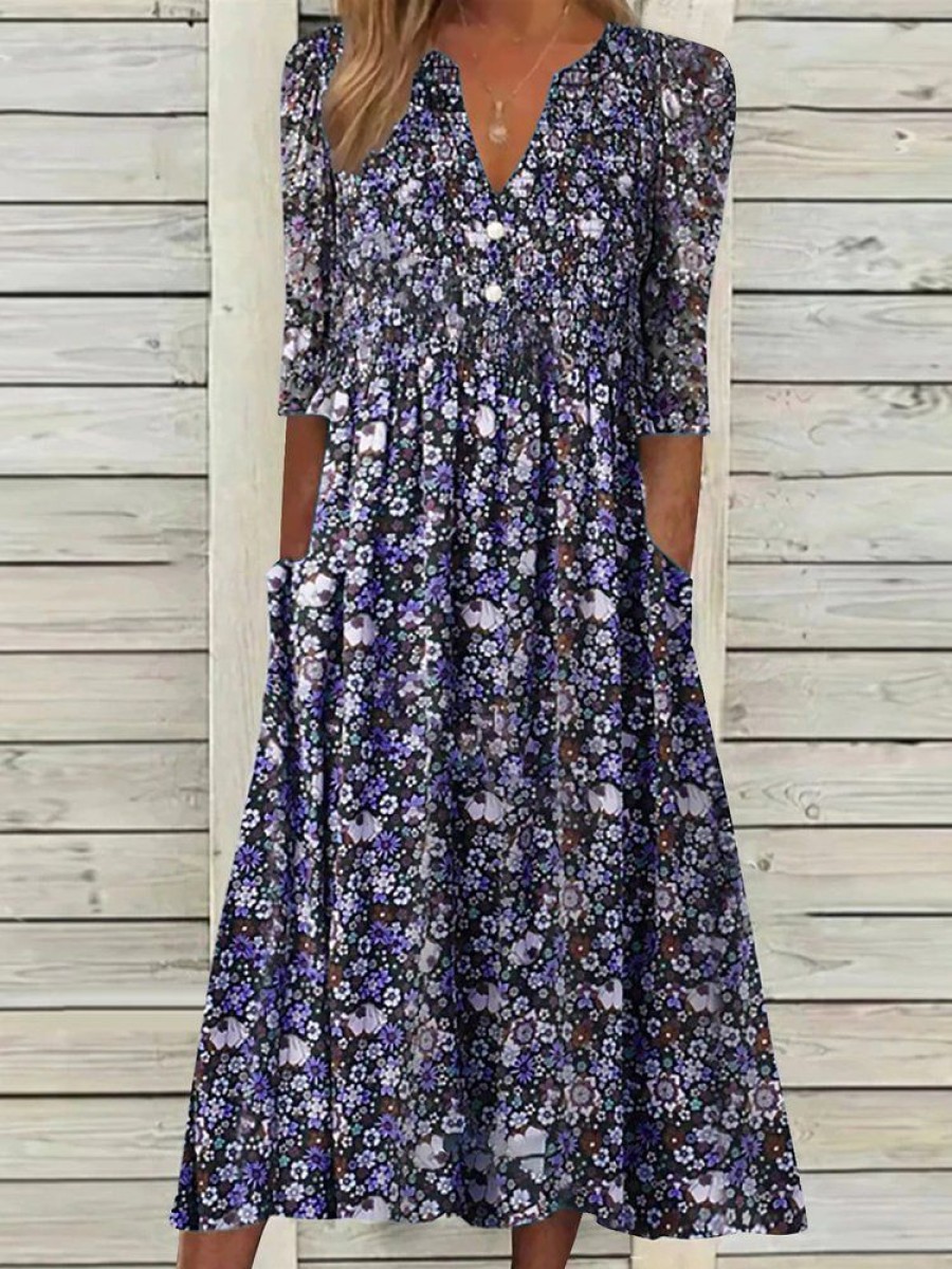 Dresses zolucky | Casual Floral V Neck Short Sleeve Dress