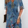 Dresses zolucky | Casual V Neck Floral Loose Patchwork Striped Mesh Design Short Dress