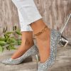 Shoes zolucky | Women Glitter Point Toe Chunky Heeled Shallow Pumps