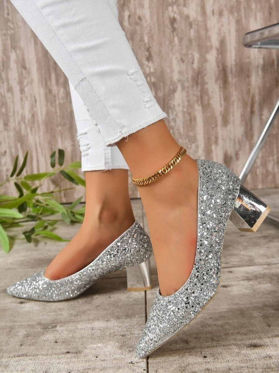 Shoes zolucky | Women Glitter Point Toe Chunky Heeled Shallow Pumps