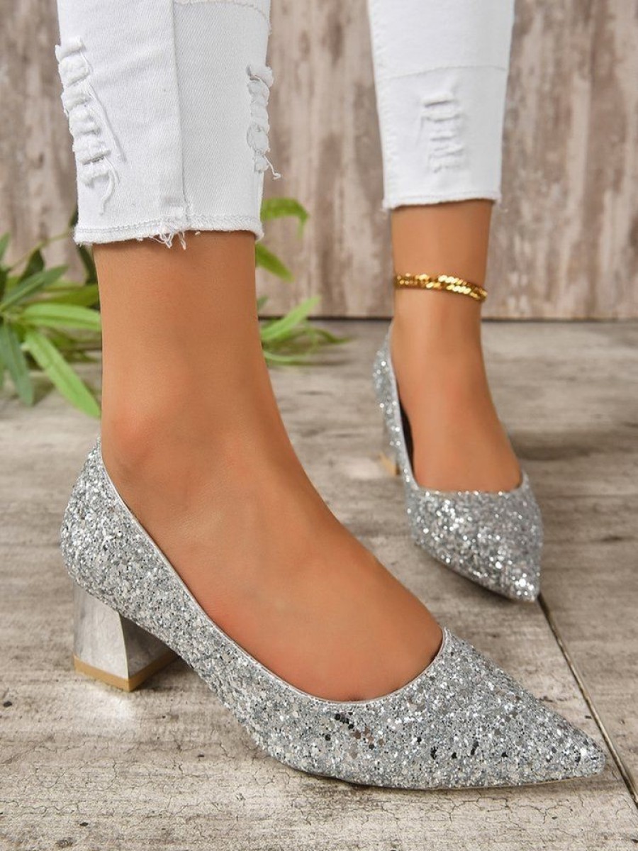 Shoes zolucky | Women Glitter Point Toe Chunky Heeled Shallow Pumps