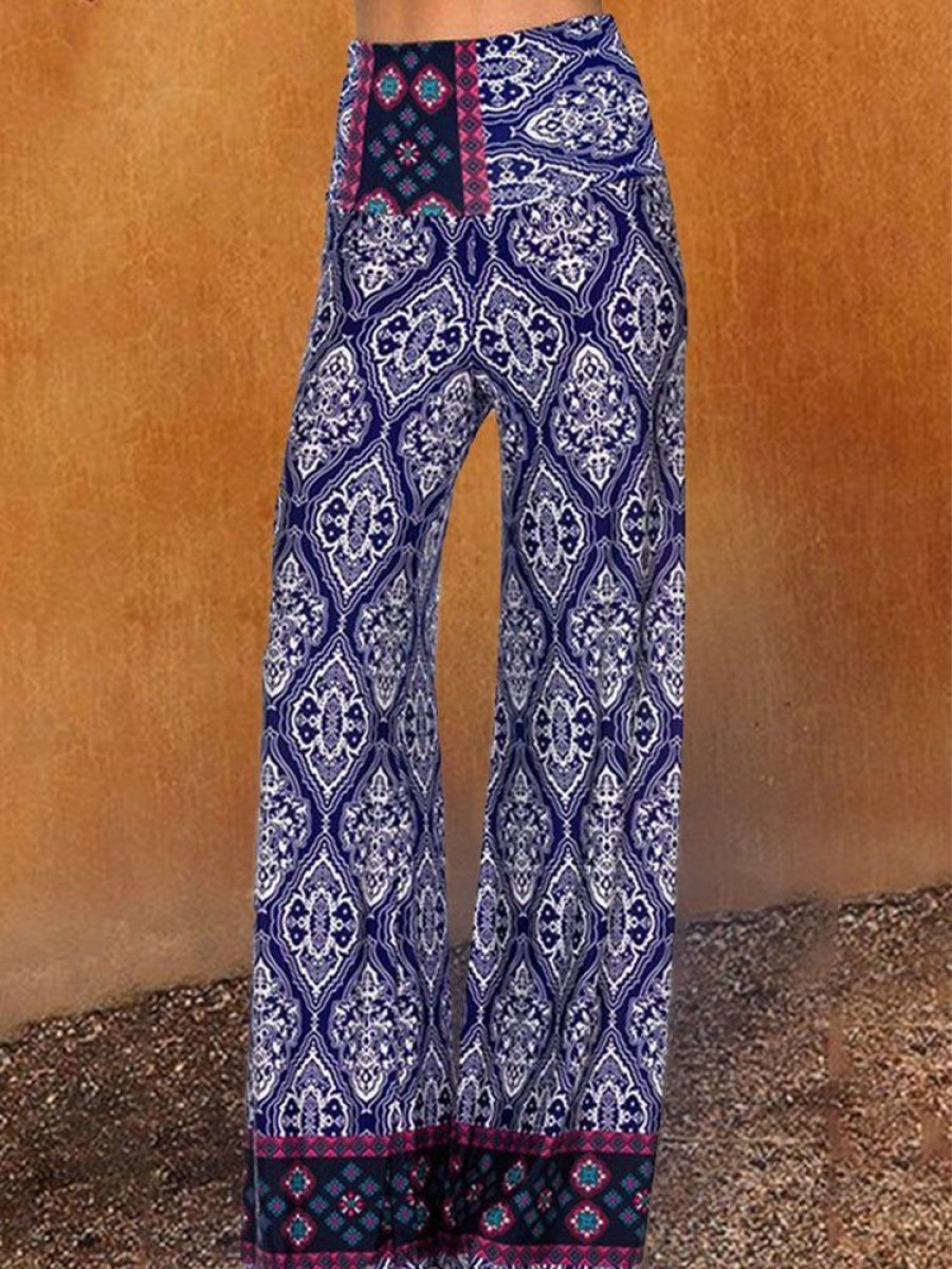 Bottoms zolucky | Paisley Shift Printed Cotton-Blend Boho Pants Blue