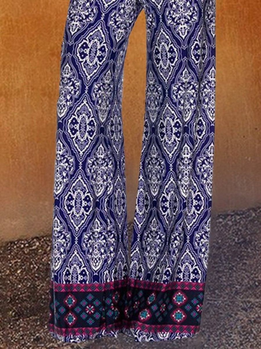 Bottoms zolucky | Paisley Shift Printed Cotton-Blend Boho Pants Blue