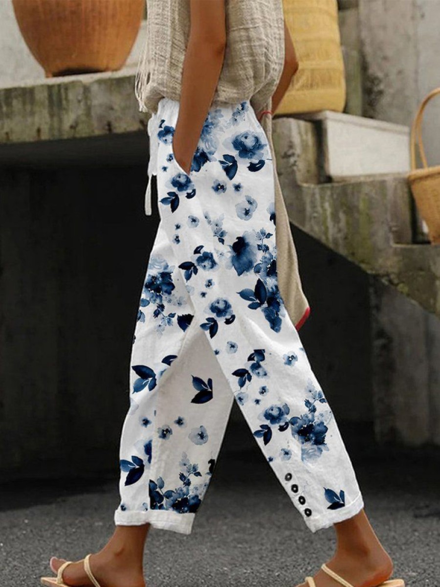 Bottoms zolucky | Floral Casual Loose Pants White