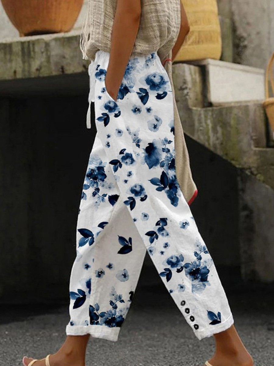 Bottoms zolucky | Floral Casual Loose Pants White