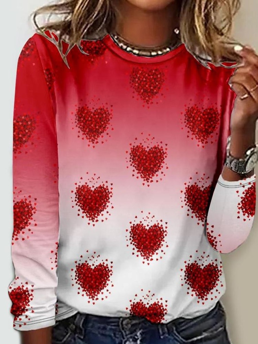 Topshot zolucky | Crew Neck Heart Ombre Regular Fit Casual Long Sleeve Shirt Red