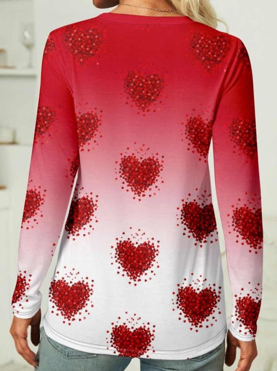 Topshot zolucky | Crew Neck Heart Ombre Regular Fit Casual Long Sleeve Shirt Red