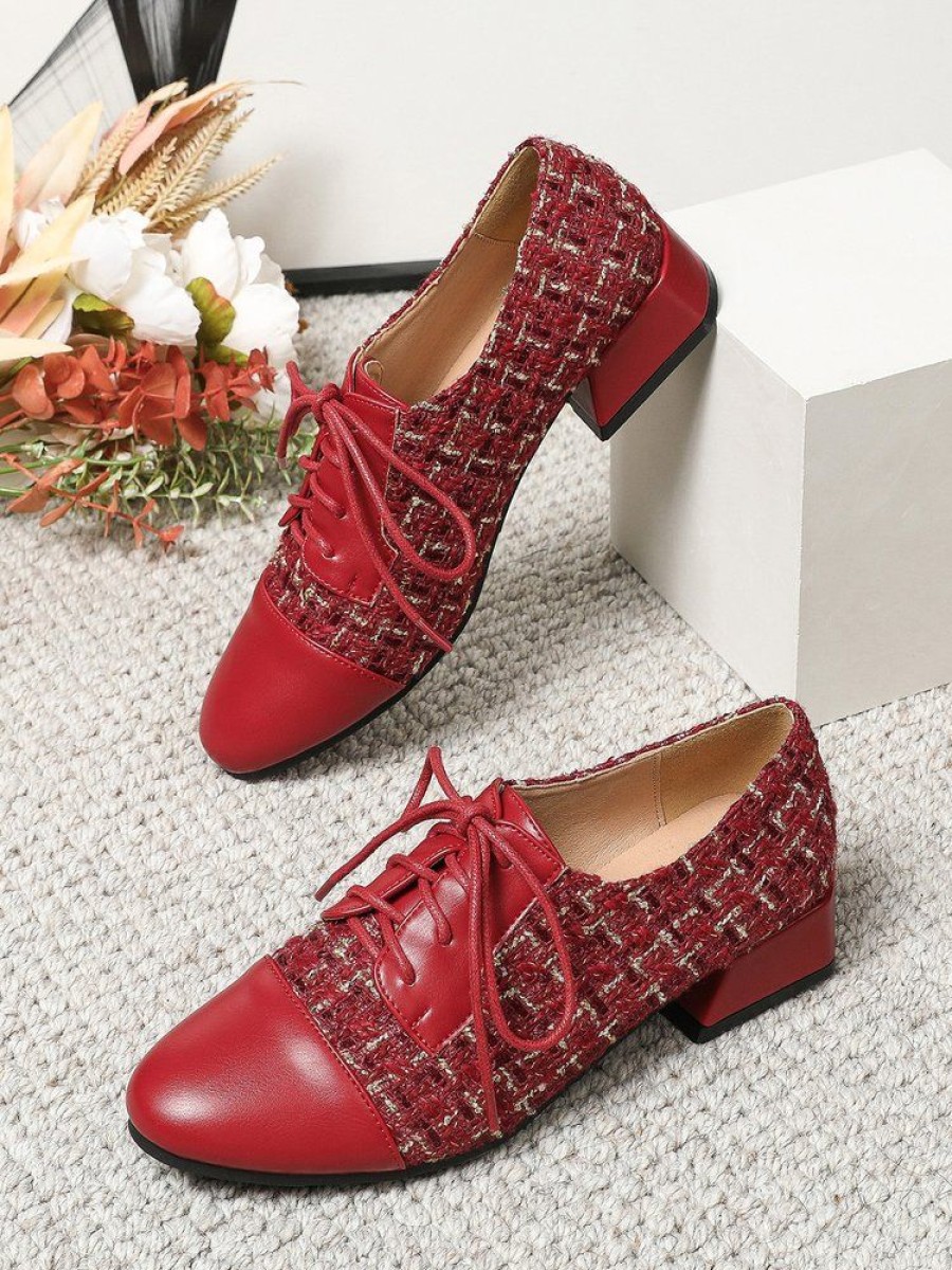 Shoes zolucky | Women Elegant Tweed Plaid Paneled Fashion Lace-Up Shoes