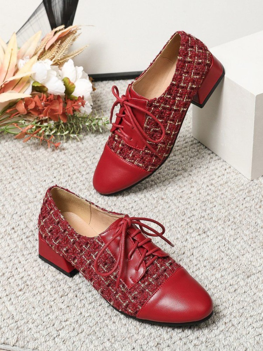 Shoes zolucky | Women Elegant Tweed Plaid Paneled Fashion Lace-Up Shoes