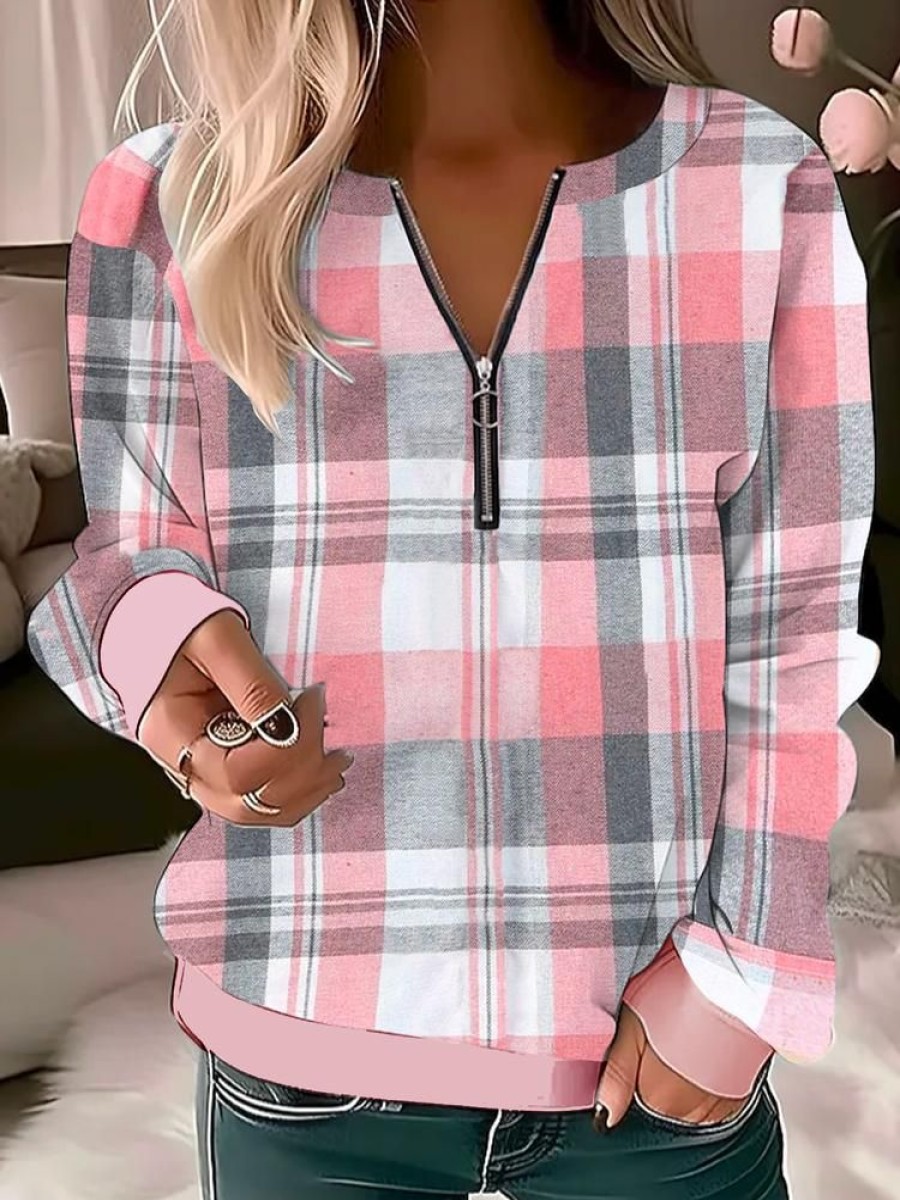 Plus&Curve zolucky | Plus Size Casual Half Zip Plaid Sweatshirt Pink