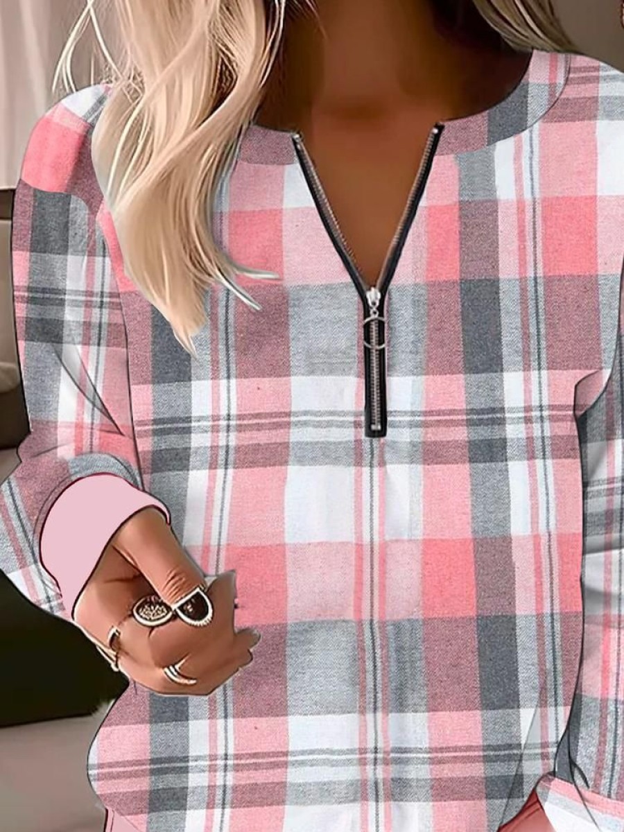 Plus&Curve zolucky | Plus Size Casual Half Zip Plaid Sweatshirt Pink