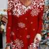 Plus&Curve zolucky | Plus Size Christmas Snowflake Long Sleeve V Neck Casual T-Shirt Xmas T-Shirt Red