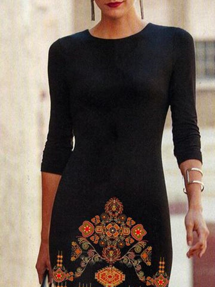 Dresses zolucky | Crew Neck Casual Ethnic Tunic Dress Black