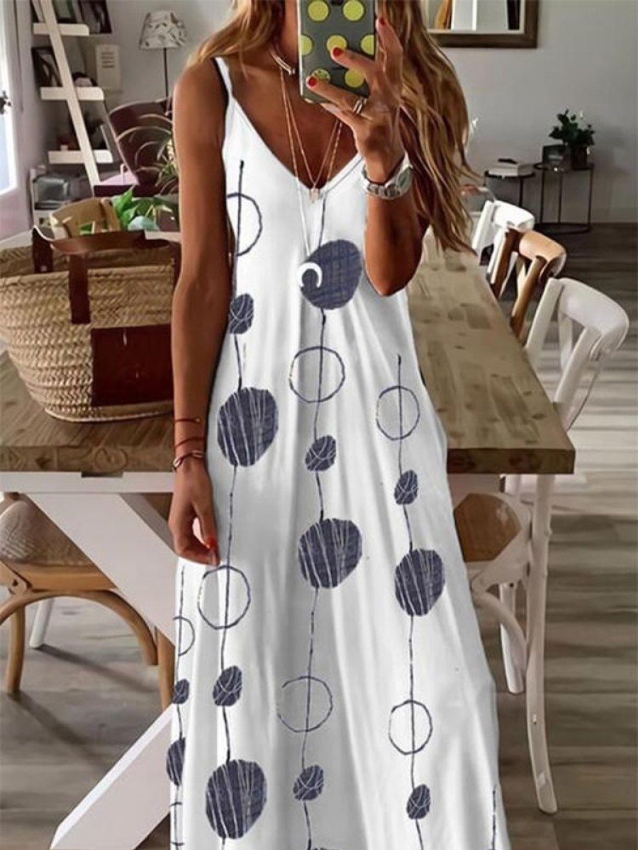 Dresses zolucky | Printed Spaghetti-Strap Casual V Neck Knitting Dress White