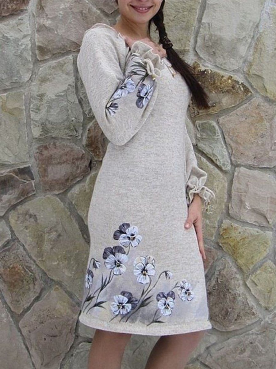 Dresses zolucky | Crew Neck Floral-Print Long Sleeve Casual Knitting Dress Gray