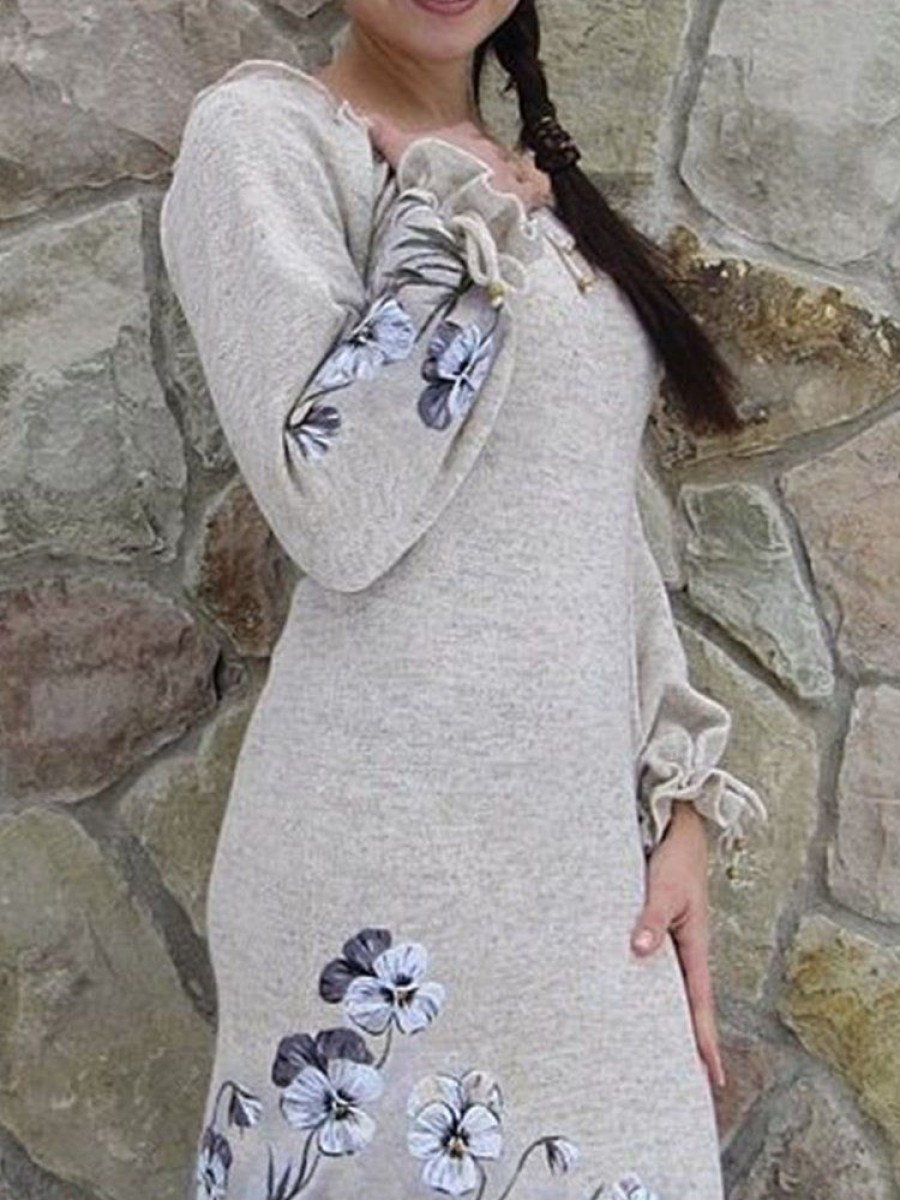 Dresses zolucky | Crew Neck Floral-Print Long Sleeve Casual Knitting Dress Gray