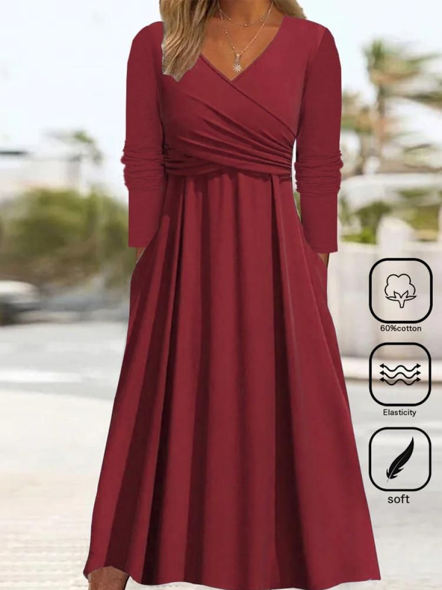 Dresses zolucky | Casual Cross Neck Plain Christmas Dress Red