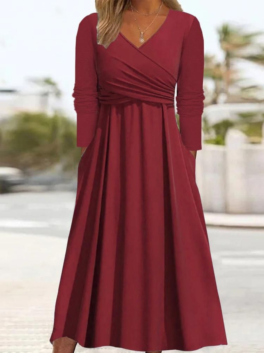 Dresses zolucky | Casual Cross Neck Plain Christmas Dress Red