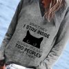 Topshot zolucky | Casual Cat Lace Long Sleeve V Neck Printed Top Sweatshirt Gray