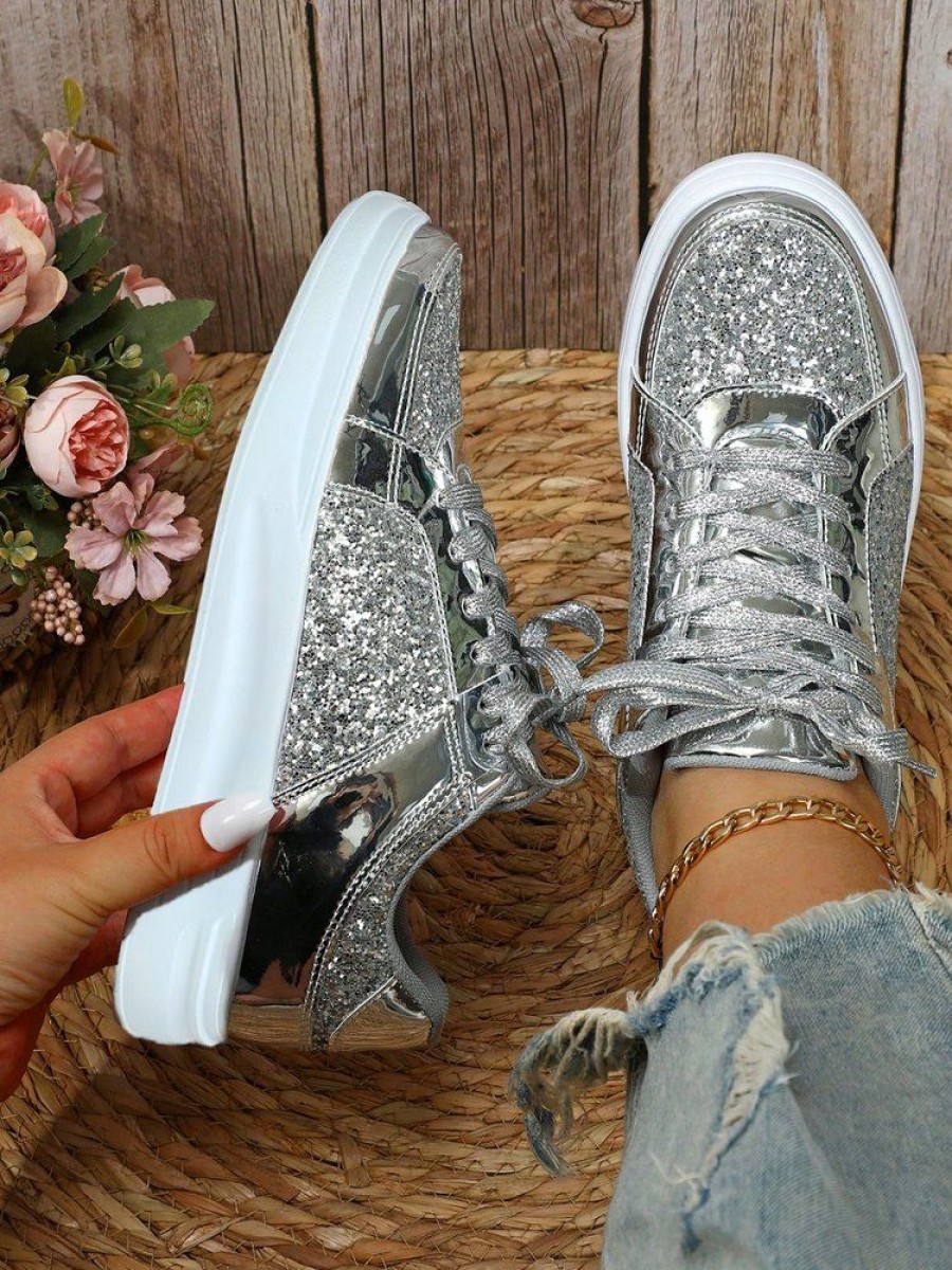 Shoes zolucky | Women Fashion Glitter Paneled Lace-Up Skate Shoes