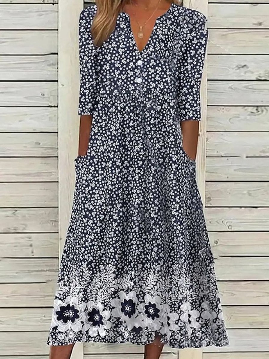 Dresses zolucky | Casual Floral Woven Notched Neckline Maxi Dress Dark Blue