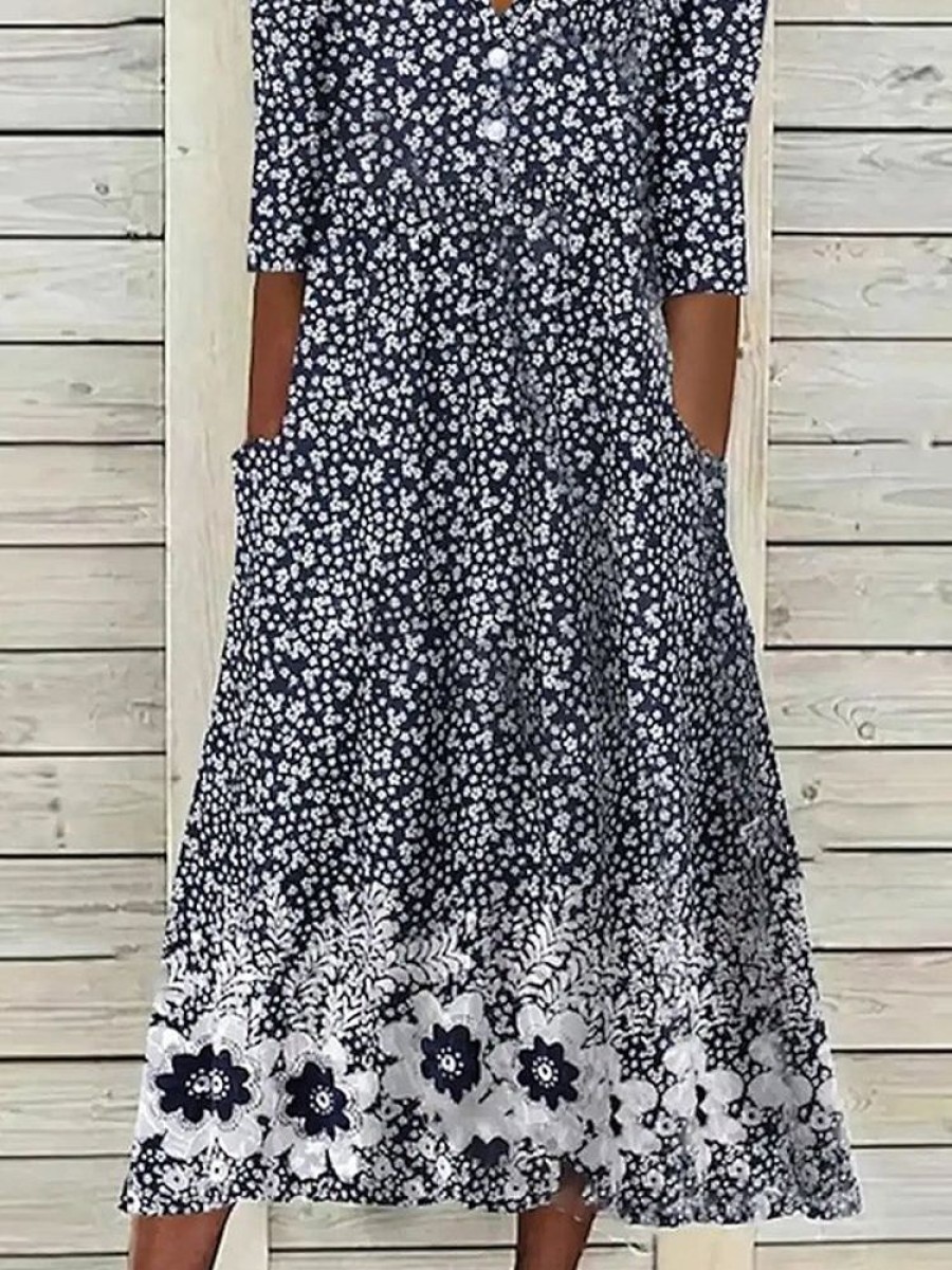 Dresses zolucky | Casual Floral Woven Notched Neckline Maxi Dress Dark Blue