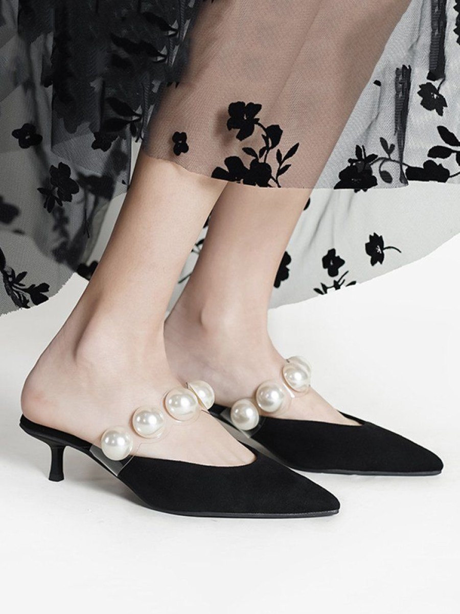 Shoes zolucky | Elegant Imitation Pearl Pvc Band Pointed Toe Low Heel Mules