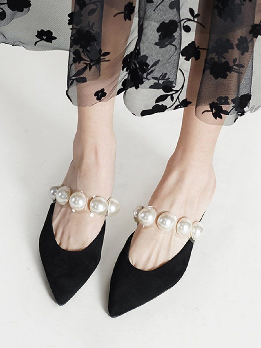 Shoes zolucky | Elegant Imitation Pearl Pvc Band Pointed Toe Low Heel Mules