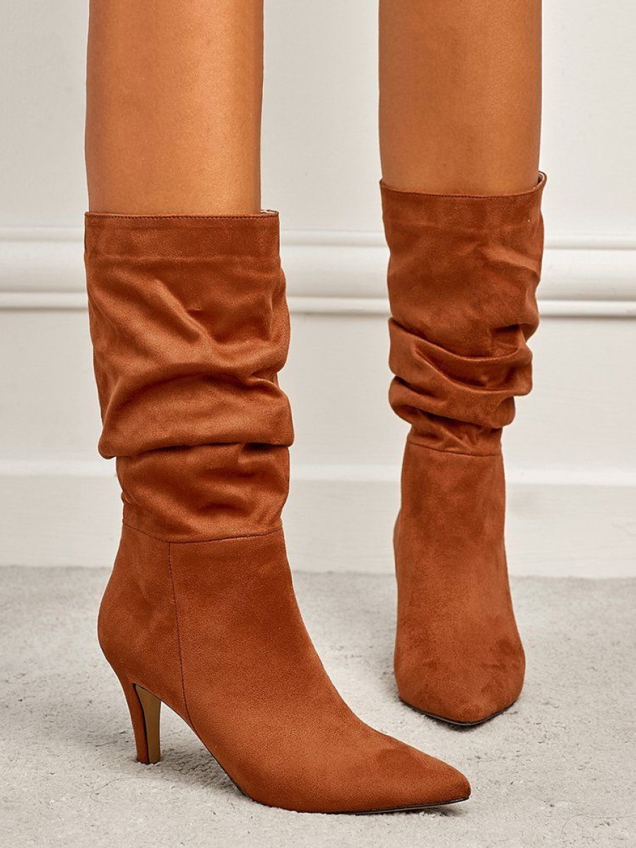 Shoes zolucky | Women Minimalist Ruched Flocked Stiletto Heel Mid-Calf Boots